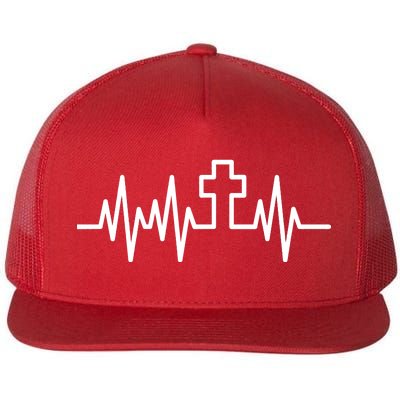 Heartbeat Cross Flat Bill Trucker Hat