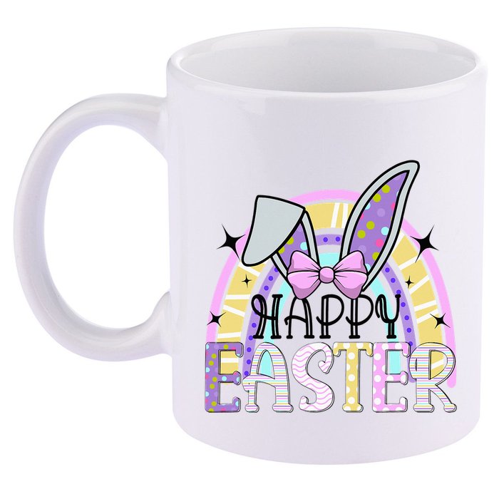 Happy Easter Bunny Rabbit Face Funny Easter Day Rainbow 11oz C Handle Ceramic Mug