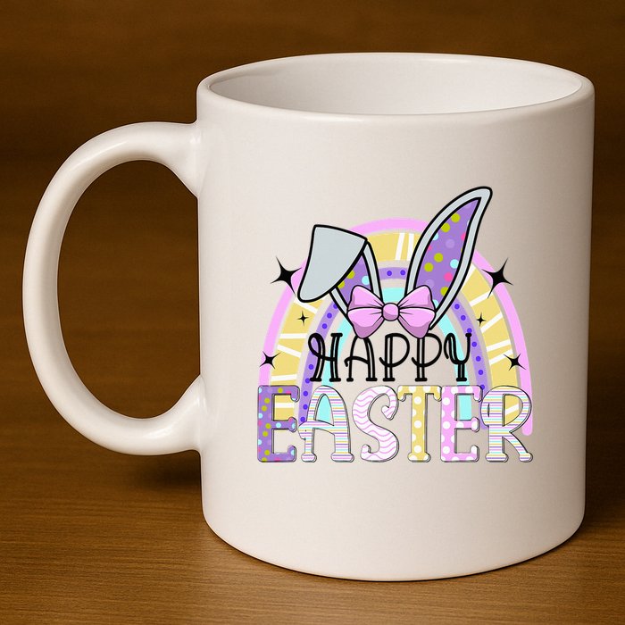 Happy Easter Bunny Rabbit Face Funny Easter Day Rainbow 11oz C Handle Ceramic Mug