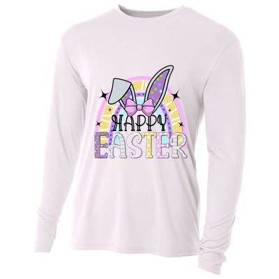 Happy Easter Bunny Rabbit Face Funny Easter Day Rainbow Cooling Performance Long Sleeve Crew