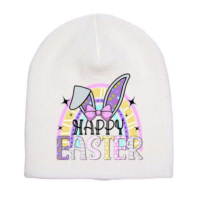 Happy Easter Bunny Rabbit Face Funny Easter Day Rainbow Short Acrylic Beanie