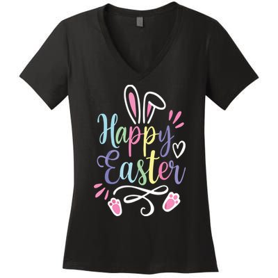 Happy Easter Bunny Rabbit Face Funny Easter Day Women's V-Neck T-Shirt