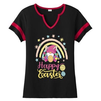 Happy Easter Bunny Spring Gnome Egg Hunting Basket Ladies Halftime Notch Neck Tee