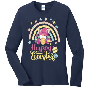 Happy Easter Bunny Spring Gnome Egg Hunting Basket Ladies Long Sleeve Shirt