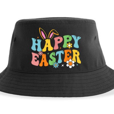 Happy Easter Bunny Rabbit Face Funny Groovy Easter Day Sustainable Bucket Hat