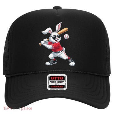 Happy Easter Bunny Playing Baseball Easter Sport Gift High Crown Mesh Back Trucker Hat