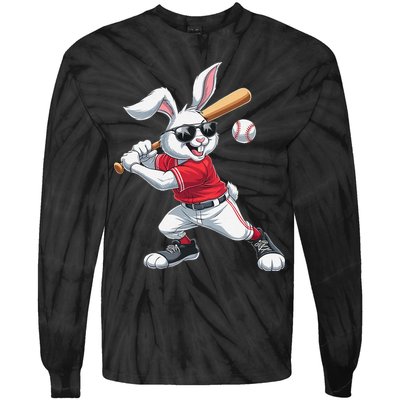 Happy Easter Bunny Playing Baseball Easter Sport Gift Tie-Dye Long Sleeve Shirt