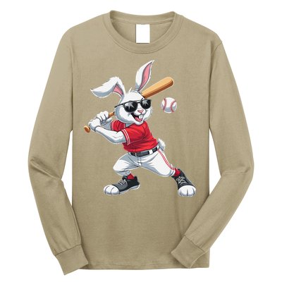 Happy Easter Bunny Playing Baseball Easter Sport Gift Long Sleeve Shirt
