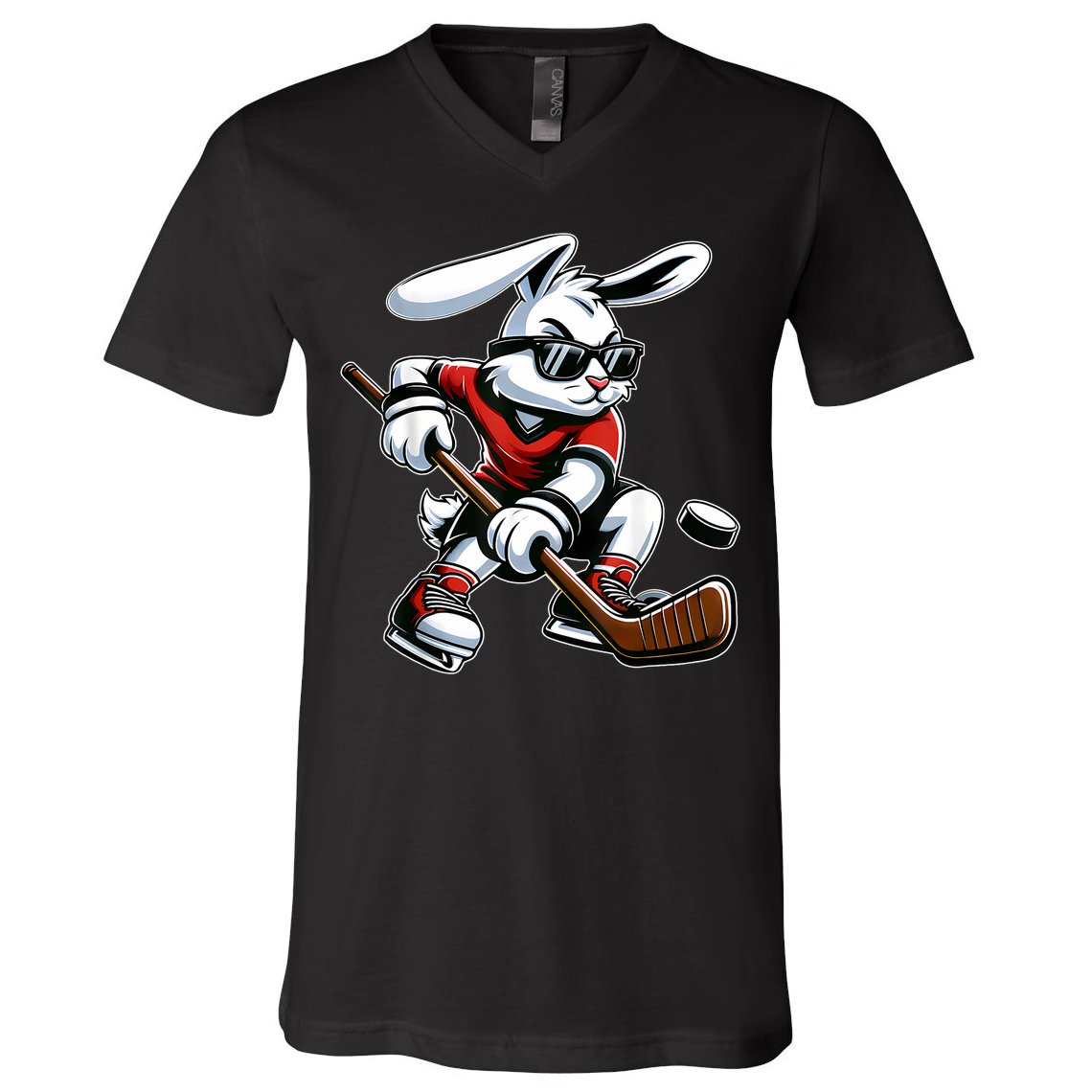 Happy Easter Bunny Playing Hockey Easter Sport V-Neck T-Shirt