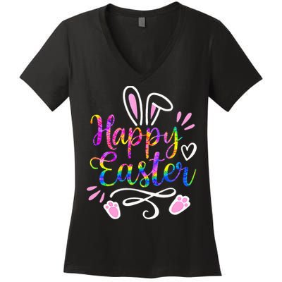 Happy Easter Bunny Rabbit Face Tie Dye Easter Day Women's V-Neck T-Shirt