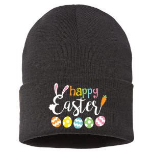 Happy Easter Bunny Rabbit Face Funny Easter Day Sustainable Knit Beanie