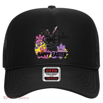 Happy Easter Be Pawsitive Cute Bunny Cat Glasses Gifts High Crown Mesh Back Trucker Hat