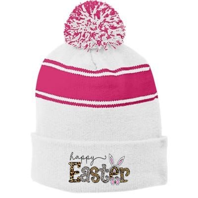 Happy Easter Bunny Rabbit Face Funny Easter Day Stripe Pom Pom Beanie