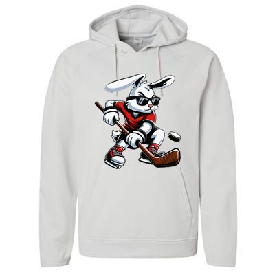 Happy Easter Bunny Playing Hockey Easter Sport Performance Fleece Hoodie