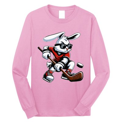 Happy Easter Bunny Playing Hockey Easter Sport Long Sleeve Shirt