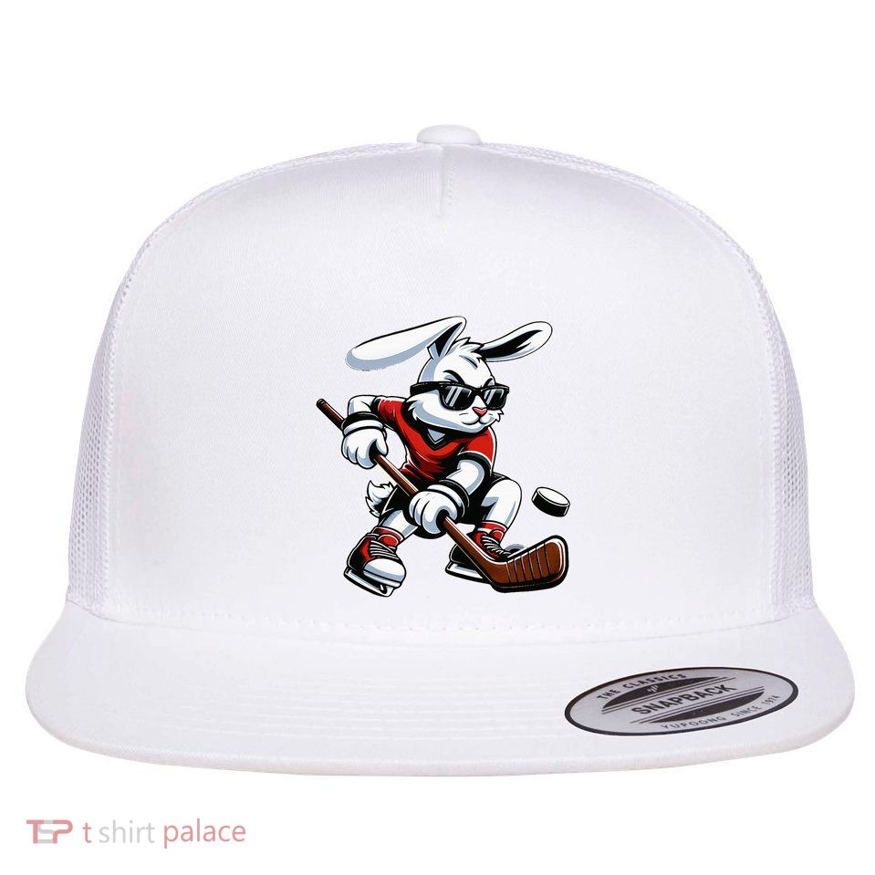 Happy Easter Bunny Playing Hockey Easter Sport Flatbill Hat