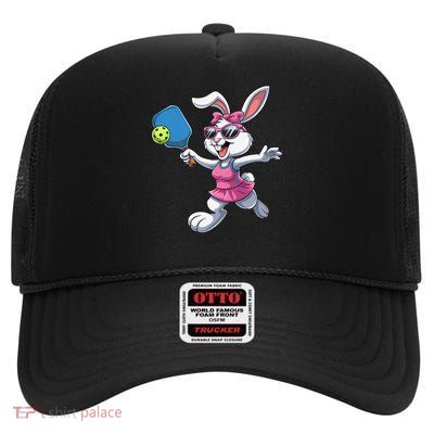 Happy Easter Bunny Playing Pickleball Easter Sport Girl Gift High Crown Mesh Back Trucker Hat