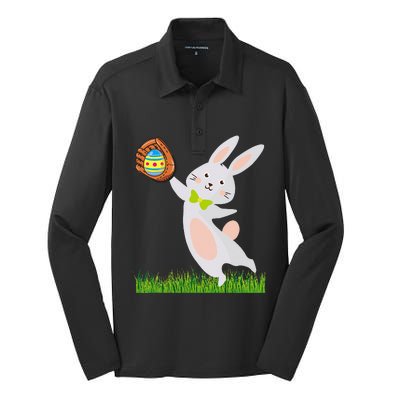 Happy Easter Baseball Bunny Catches Egg Silk Touch Performance Long Sleeve Polo