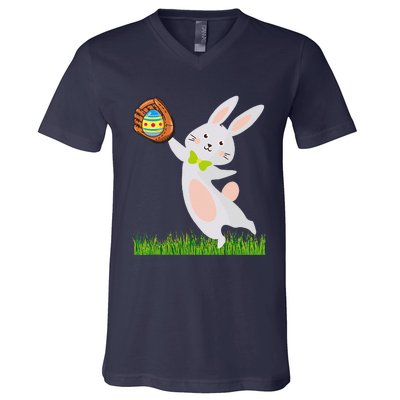 Happy Easter Baseball Bunny Catches Egg V-Neck T-Shirt