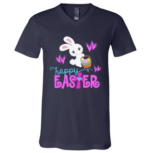 HAPPY EASTER Bunny Egg Hunt Basket Christian V-Neck T-Shirt