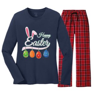 Happy Easters Bunny Ears With Eggs For Easter Women's Long Sleeve Flannel Pajama Set 