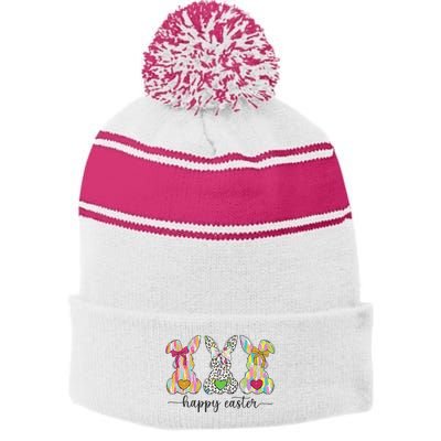 Happy Easter Cute Coquette Easter Bunny Rabbit Stripe Pom Pom Beanie