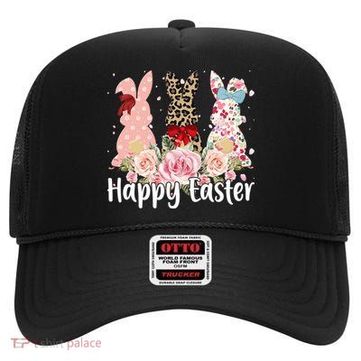 Happy Easter Cute Floral Bunnies High Crown Mesh Back Trucker Hat