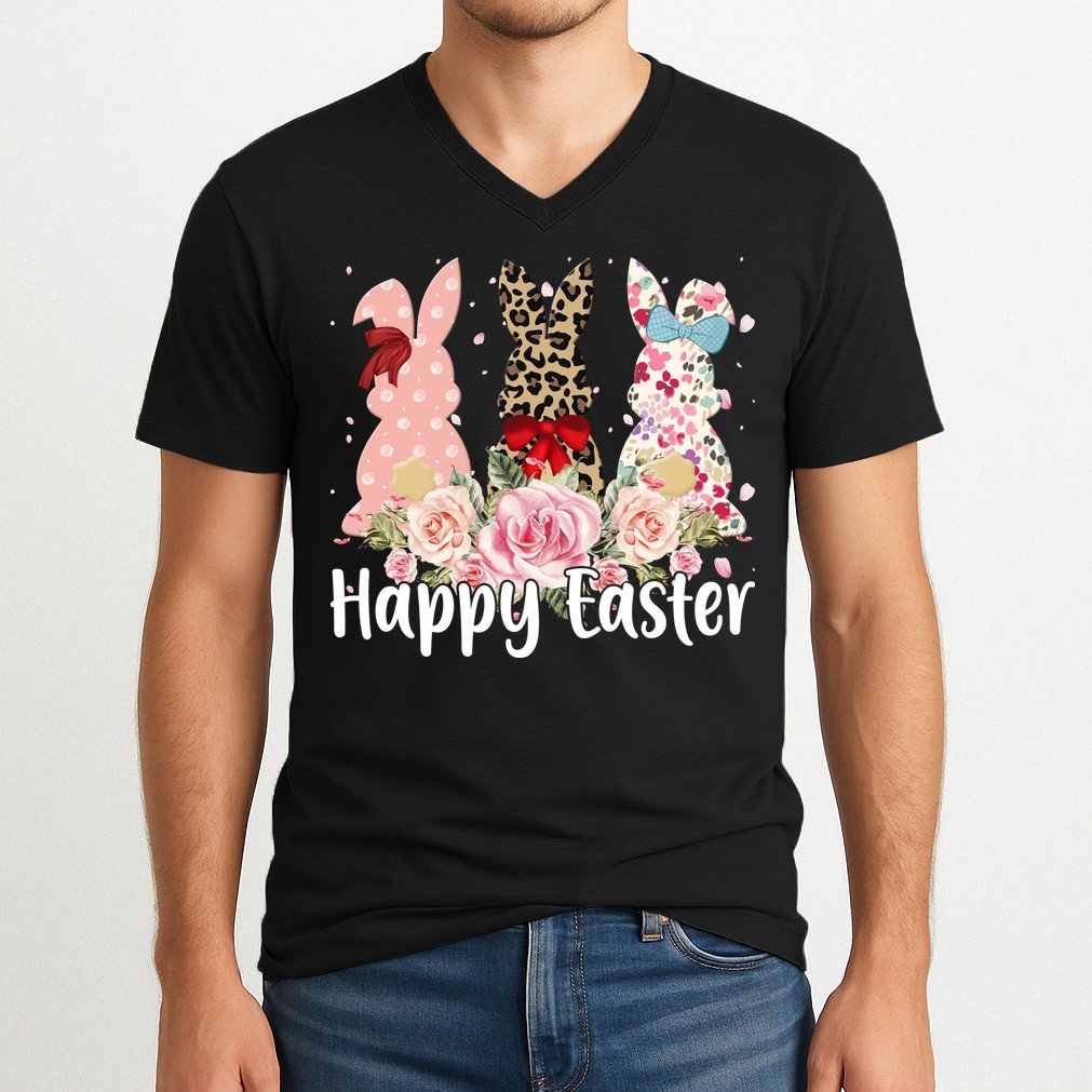 Happy Easter Cute Floral Bunnies V-Neck T-Shirt