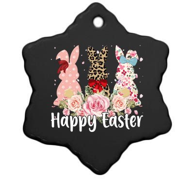 Happy Easter Cute Floral Bunnies Ceramic Star Ornament