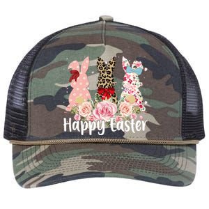 Happy Easter Cute Floral Bunnies Retro Rope Trucker Hat Cap