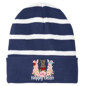 Happy Easter Cute Floral Bunnies Striped Beanie with Solid Band