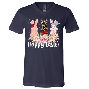 Happy Easter Cute Floral Bunnies V-Neck T-Shirt