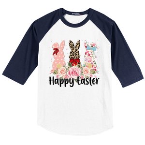 Happy Easter Cute Floral Bunnies Baseball Sleeve Shirt