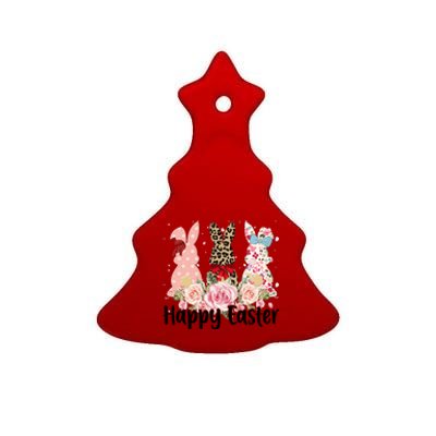 Happy Easter Cute Floral Bunnies Ceramic Tree Ornament