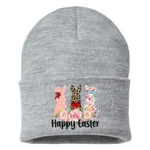 Happy Easter Cute Floral Bunnies Sustainable Knit Beanie