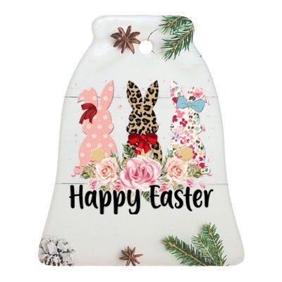 Happy Easter Cute Floral Bunnies Ceramic Bell Ornament