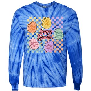 Happy Easter Candy Eggs Retro Groovy Hunny Bunny Checkered Cute Gift Tie-Dye Long Sleeve Shirt