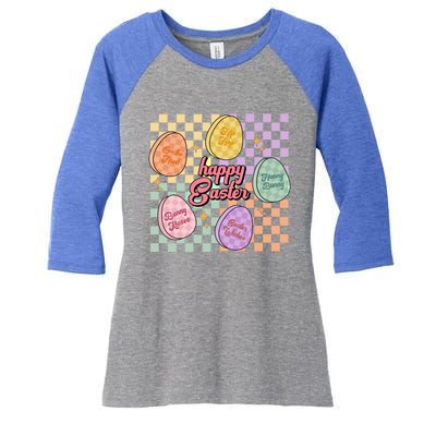 Happy Easter Candy Eggs Retro Groovy Hunny Bunny Checkered Cute Gift Women's Tri-Blend 3/4-Sleeve Raglan Shirt