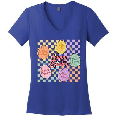 Happy Easter Candy Eggs Retro Groovy Hunny Bunny Checkered Cute Gift Women's V-Neck T-Shirt