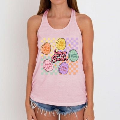 Happy Easter Candy Eggs Retro Groovy Hunny Bunny Checkered Cute Gift Women's Knotted Racerback Tank