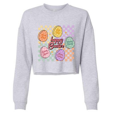 Happy Easter Candy Eggs Retro Groovy Hunny Bunny Checkered Cute Gift Cropped Pullover Crew