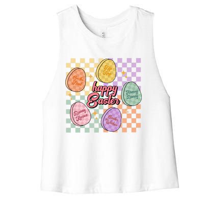 Happy Easter Candy Eggs Retro Groovy Hunny Bunny Checkered Cute Gift Women's Racerback Cropped Tank