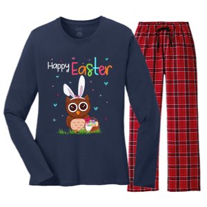 Happy Easter Cute Bunny Owl Cute Easter Owl Lover Women's Long Sleeve Flannel Pajama Set 