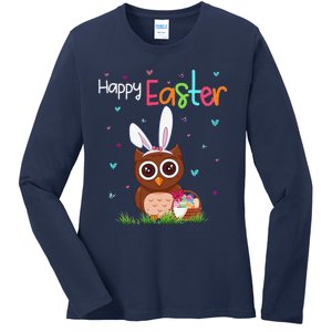 Happy Easter Cute Bunny Owl Cute Easter Owl Lover Ladies Long Sleeve Shirt