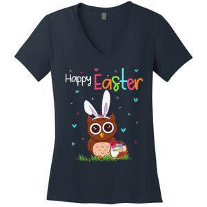 Happy Easter Cute Bunny Owl Cute Easter Owl Lover Women's V-Neck T-Shirt