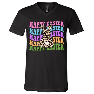 Happy Easter Cheetah Bunny Colorful Retro V-Neck T-Shirt