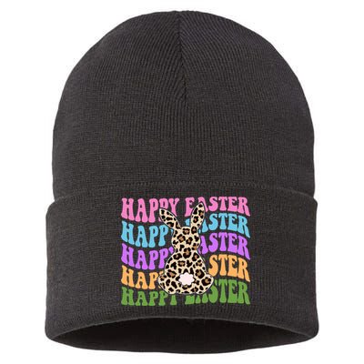 Happy Easter Cheetah Bunny Colorful Retro Sustainable Knit Beanie