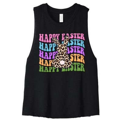 Happy Easter Cheetah Bunny Colorful Retro Women's Racerback Cropped Tank