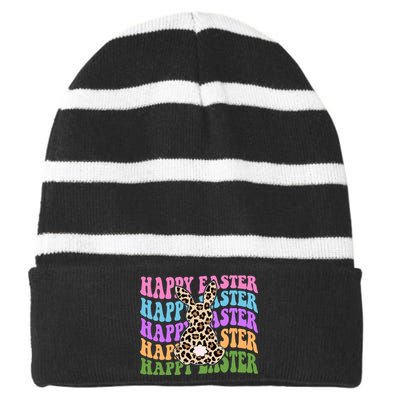 Happy Easter Cheetah Bunny Colorful Retro Striped Beanie with Solid Band