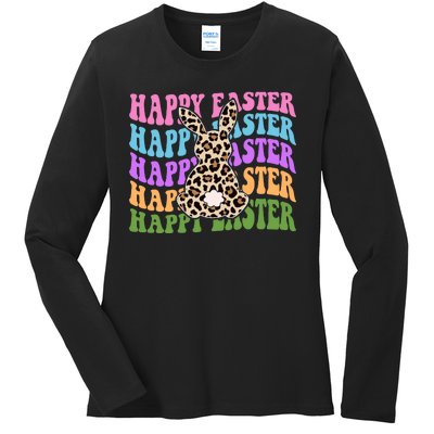 Happy Easter Cheetah Bunny Colorful Retro Ladies Long Sleeve Shirt